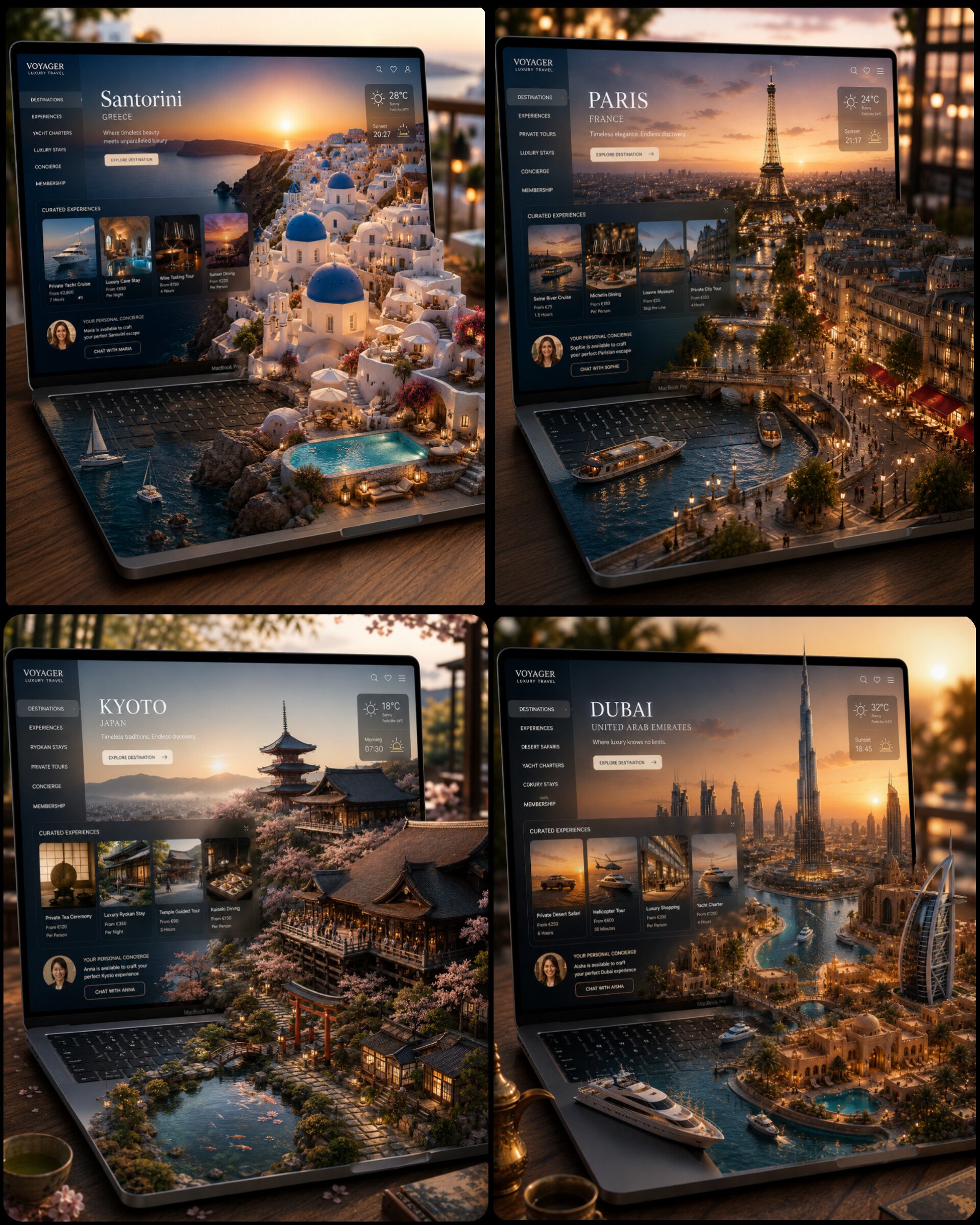 Ultra-premium travel platform visualized as a miniature world emerging …