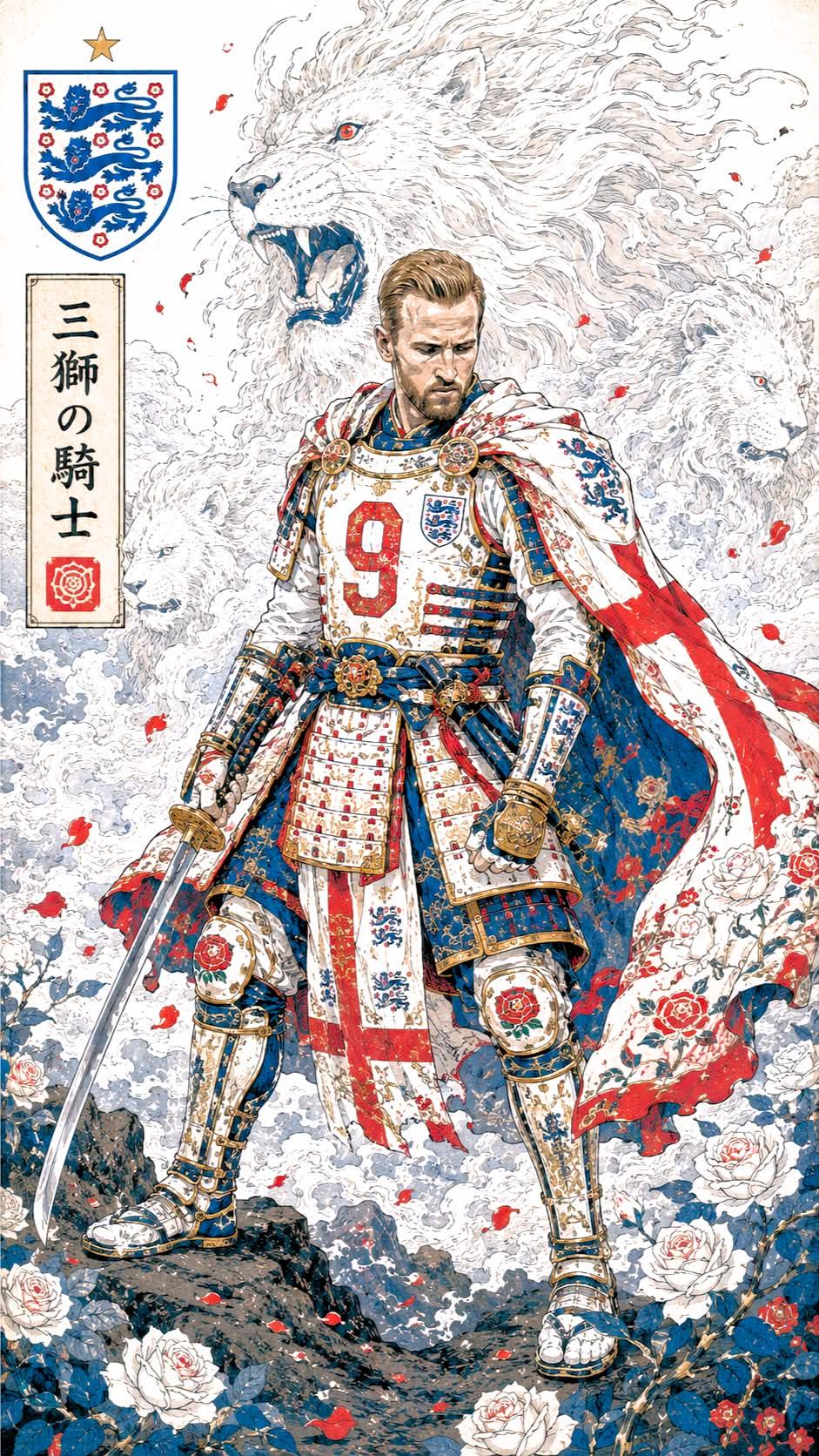 Epic Japanese ukiyo-e inspired sports poster featuring a legendary foot… 3