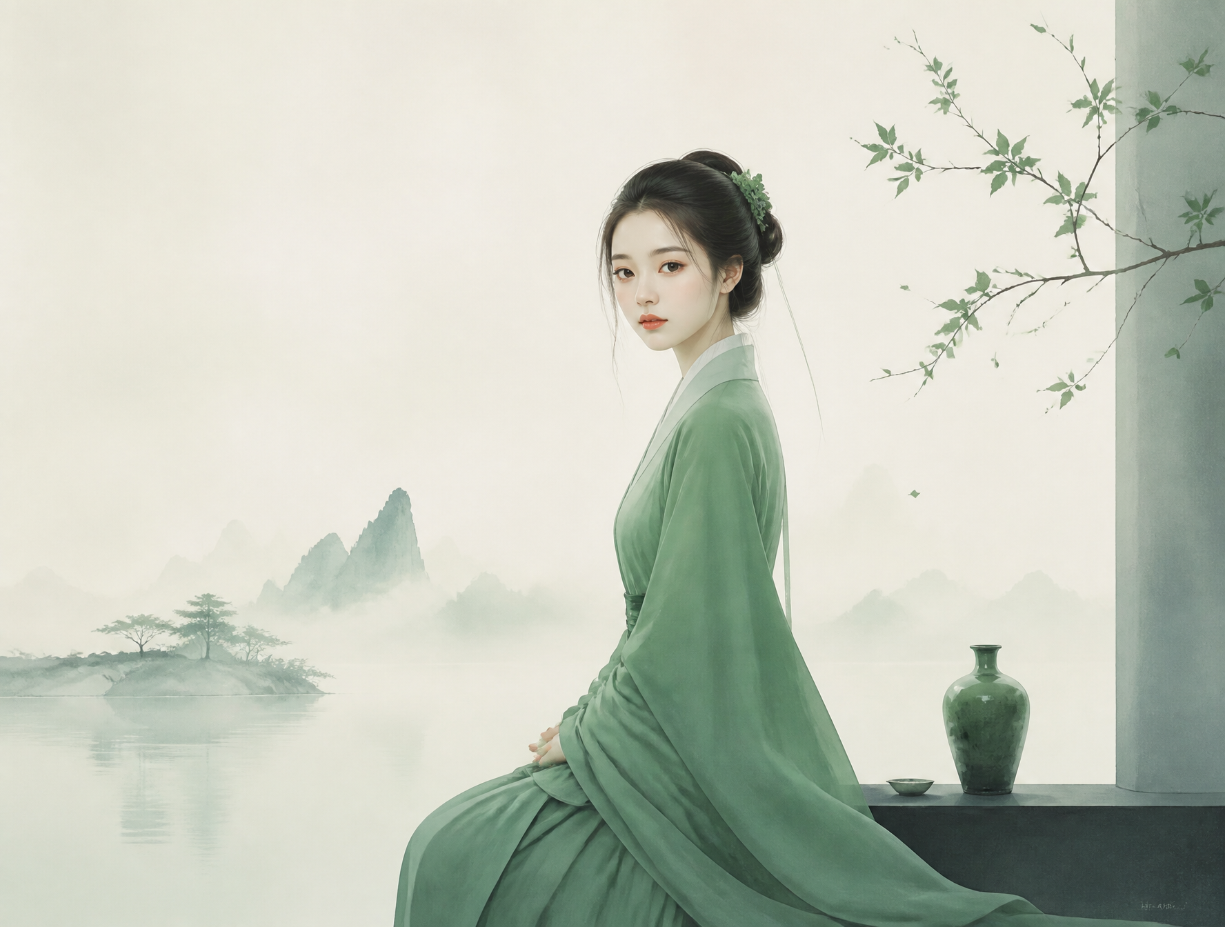 极简东方禅意半写实插画，主体为一位面庞精美的东方女性，青绿颜色体系，较强饱和对比，画面空灵静谧，大面积留白，带轻雾感、静止空气感和朦胧远景层次…