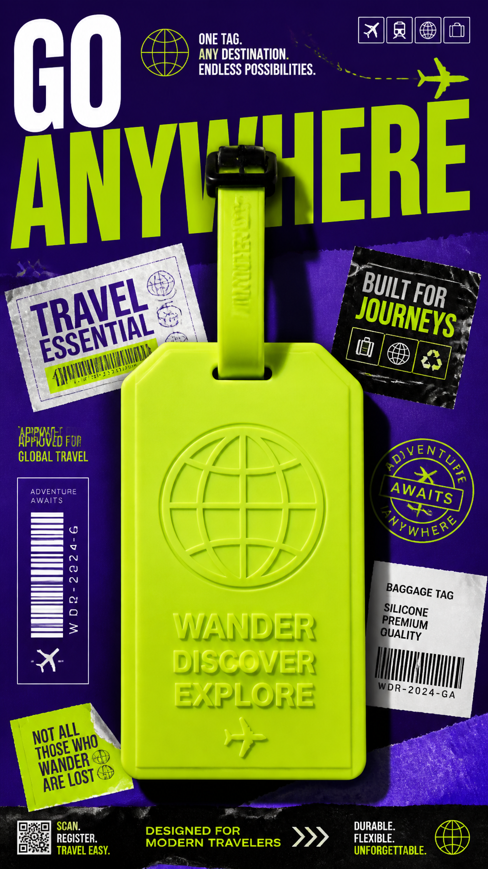 A premium 9:16 travel accessories advertising poster.Central Subject: A…