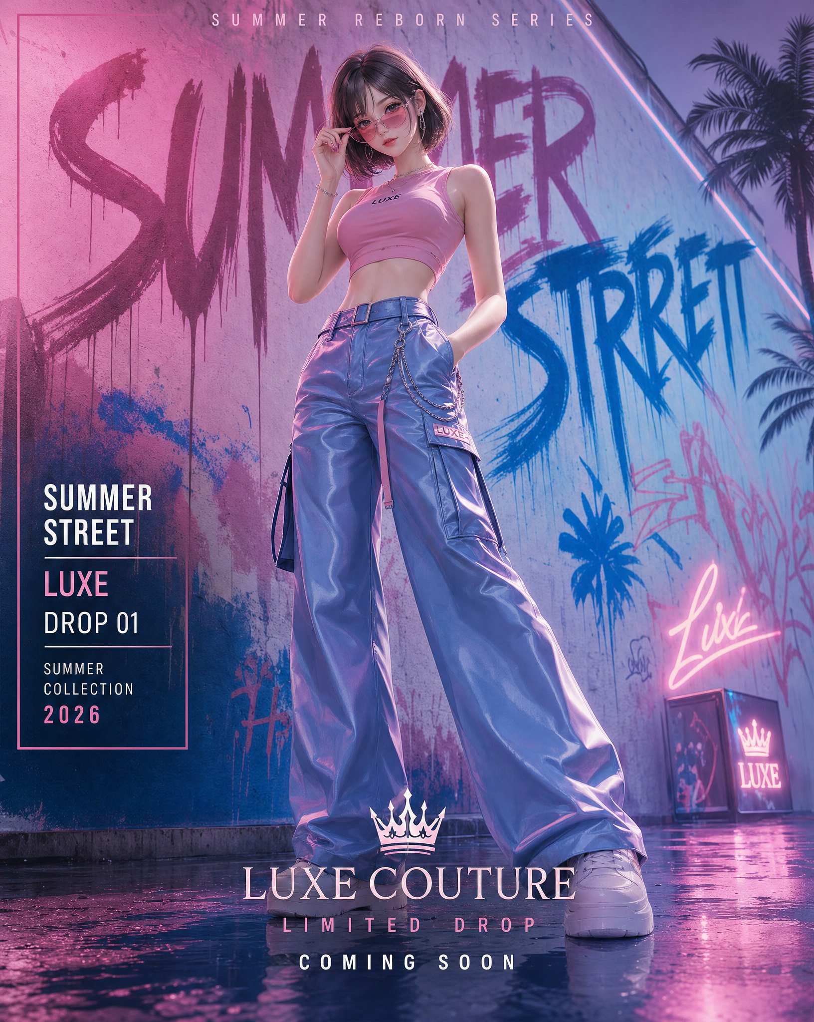 Create a vertical 4:5 high-end street fashion poster in a summer luxury…