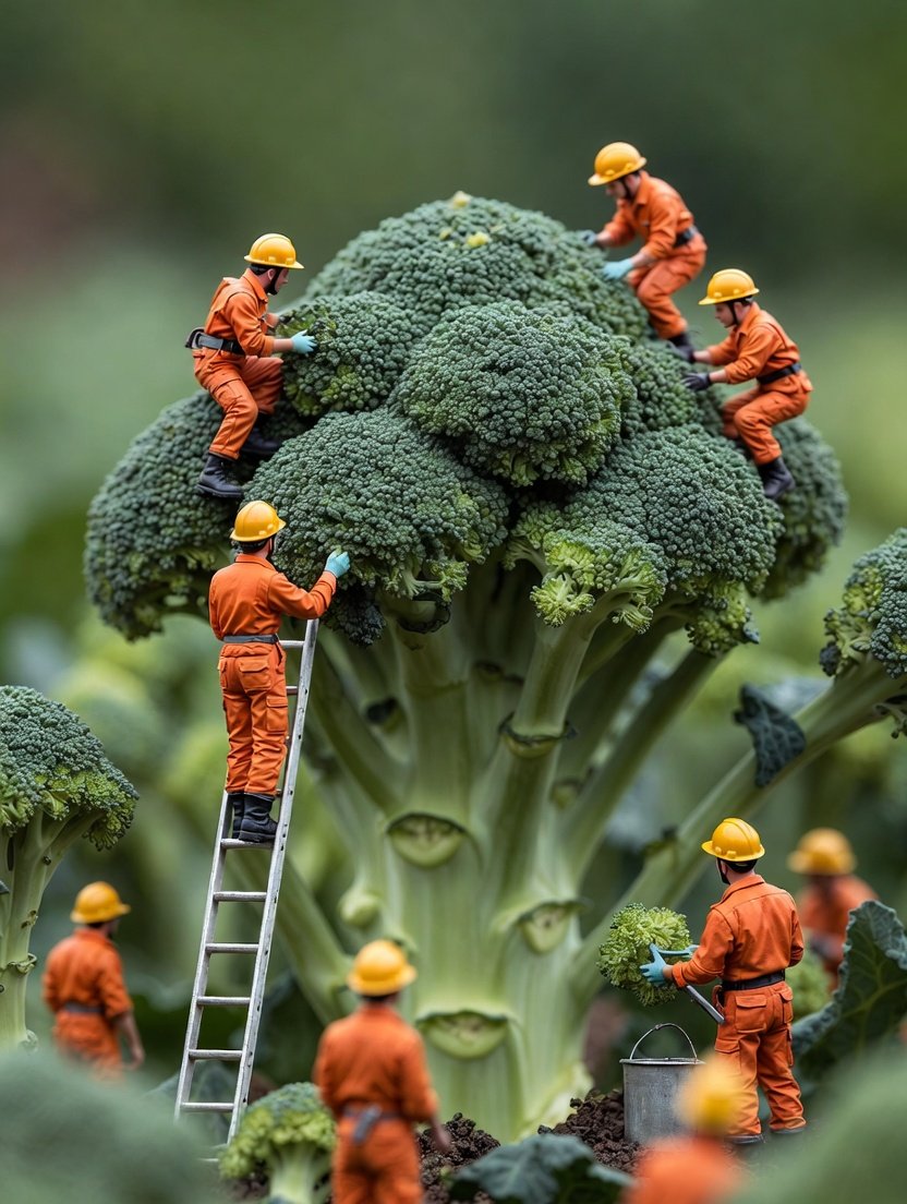 Tiny construction workers in bright orange safety jumpsuits, yellow har… 1