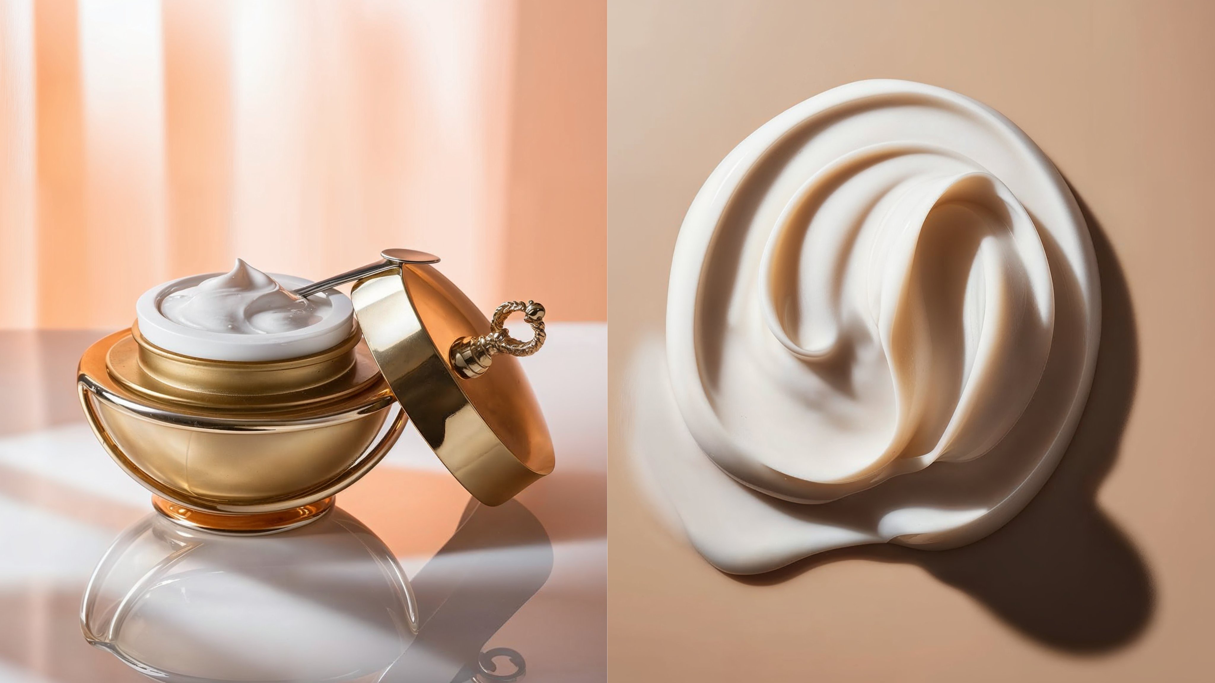 image 1: Product photography of a skin care cream in a luxurious golden…