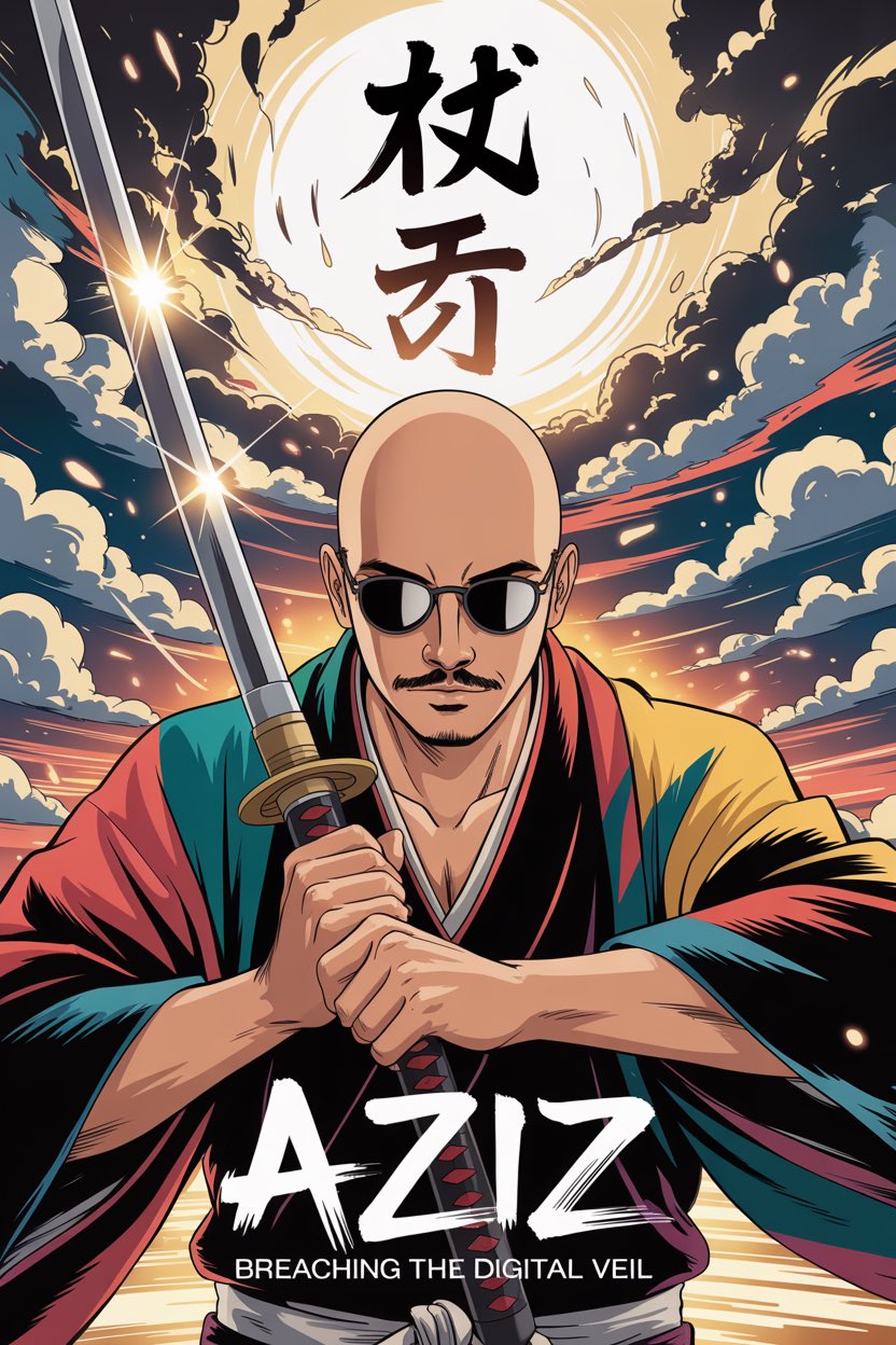 Create a digital anime/manga-style poster featuring a [young bald man w…