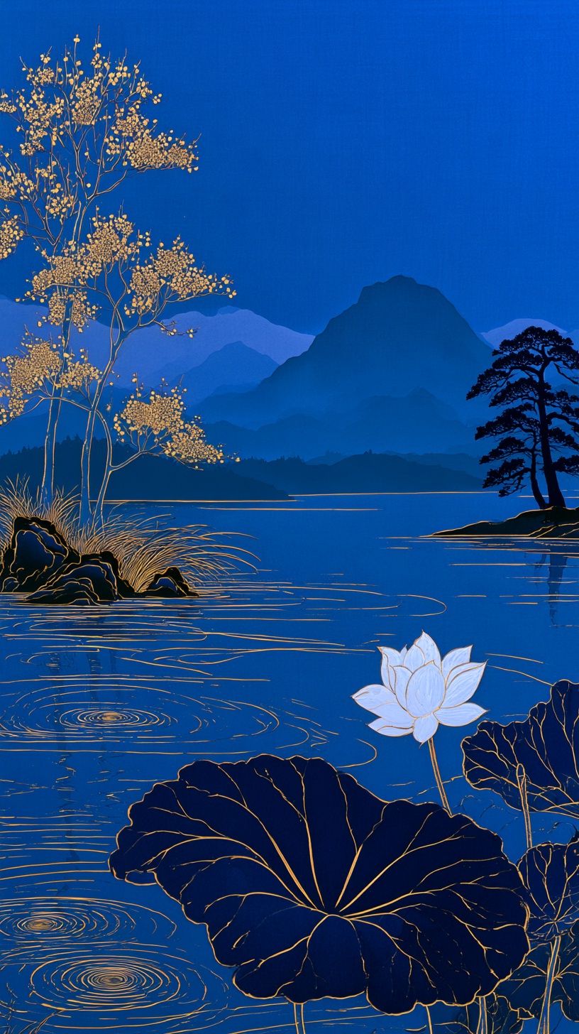 a serene landscape featuring a lake with mountains in the background, t…