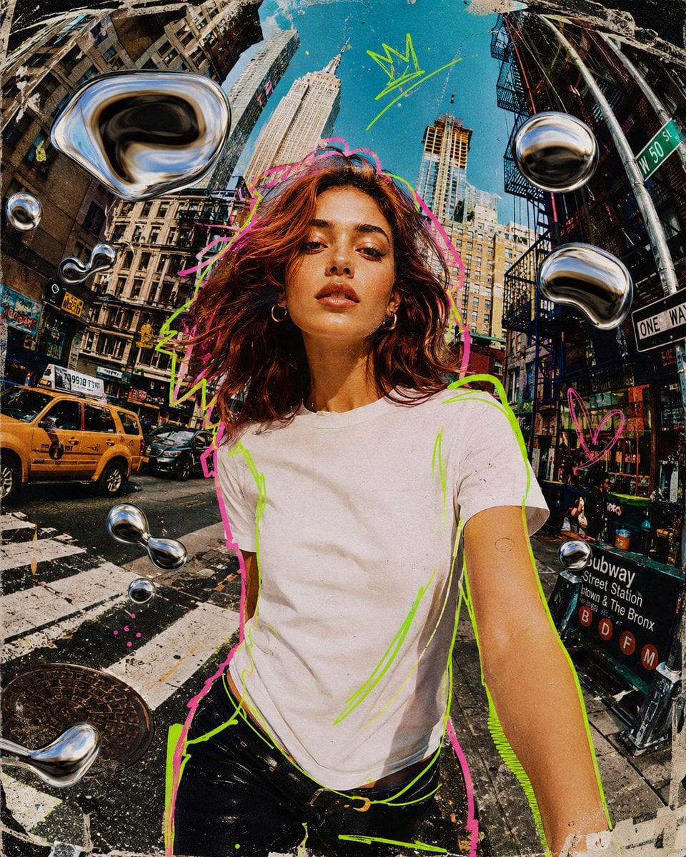 Mixed media collage animation style, a stylish young woman walking conf…