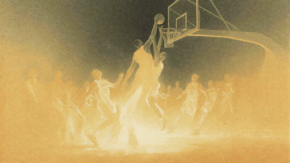 vintage watercolor illustration of a basketball player dunking during a…