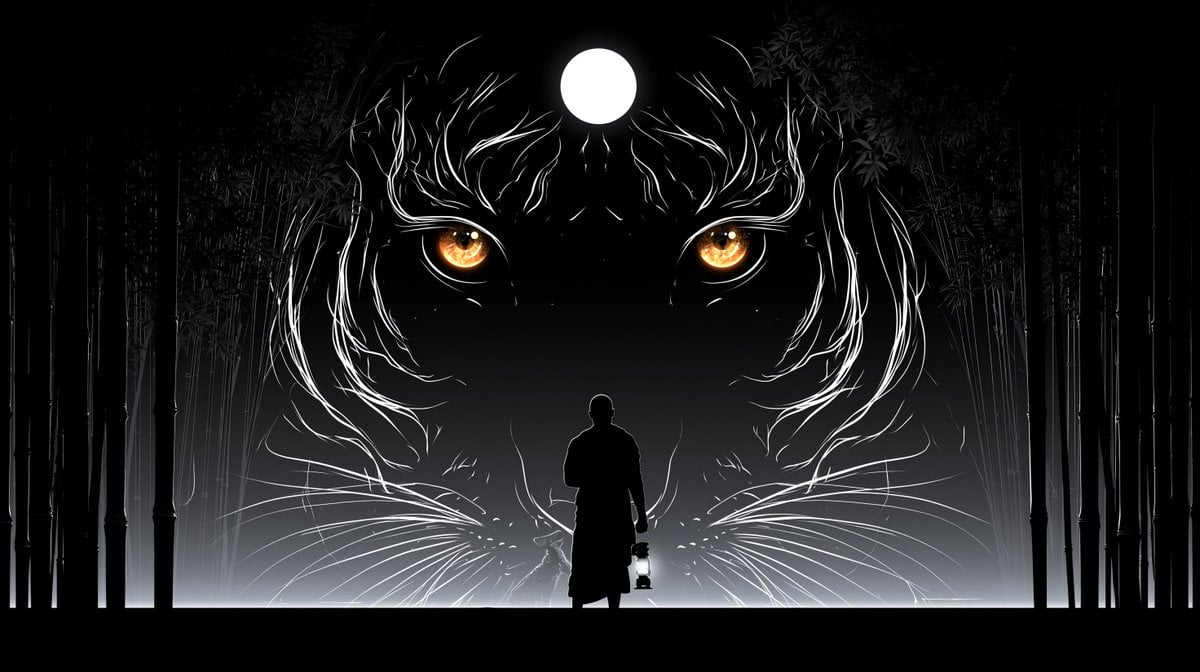 ancient tiger spirit emerging from bamboo forest mist, glowing amber ey…