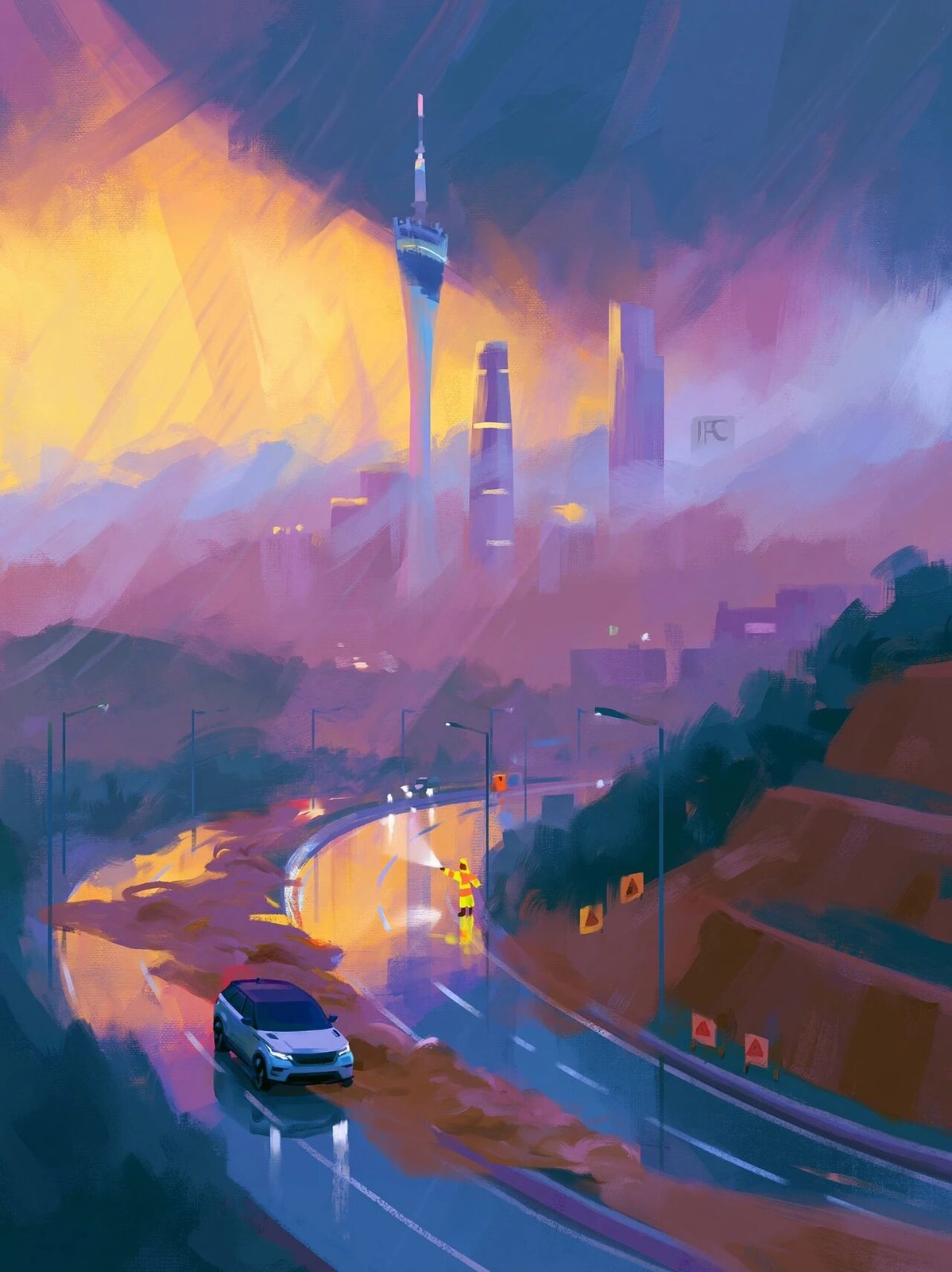 A digital illustration of a powerful typhoon lashing the Guangzhou skyl…