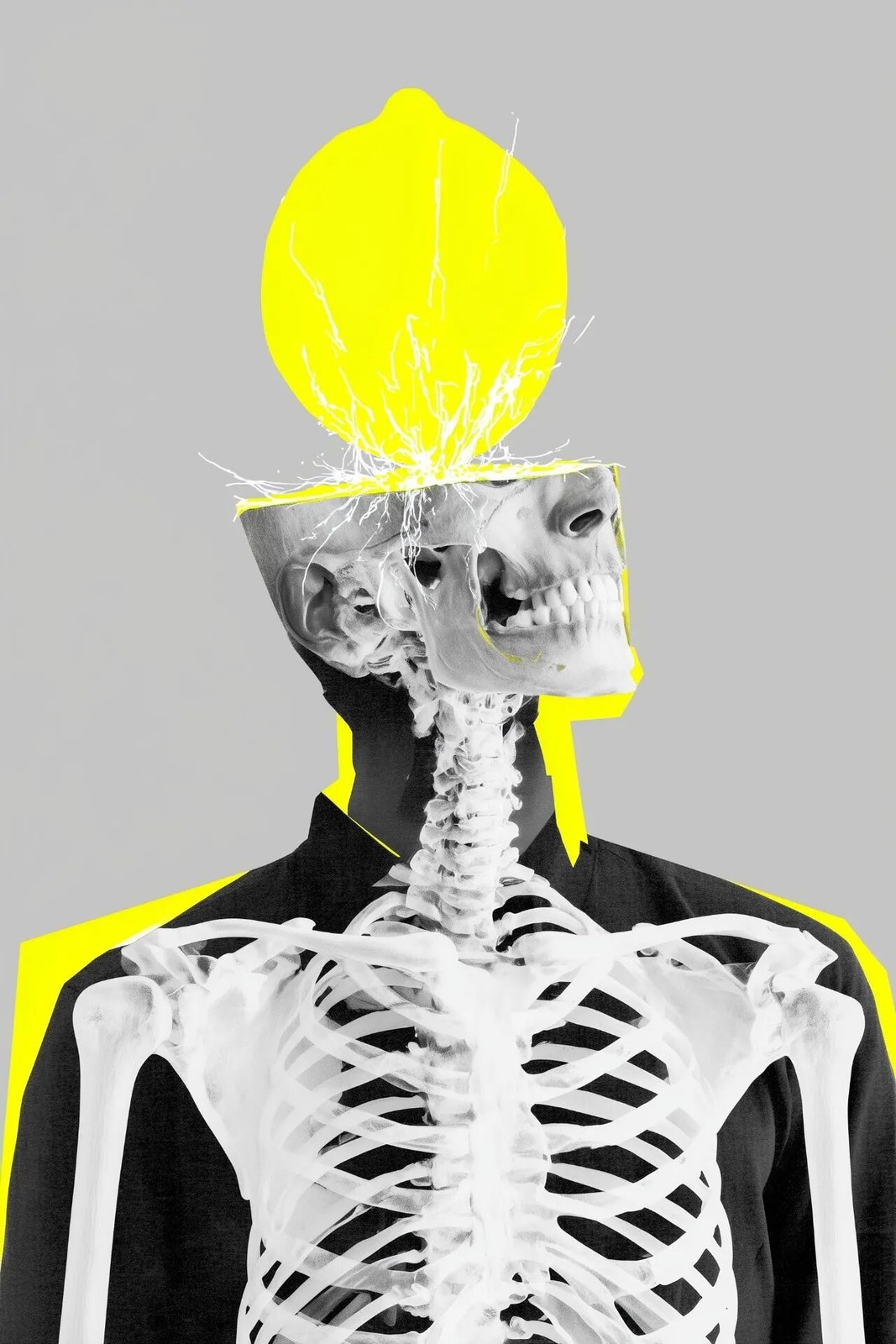 a yellow lemon on top of the head, the upper body is made up in the sty…