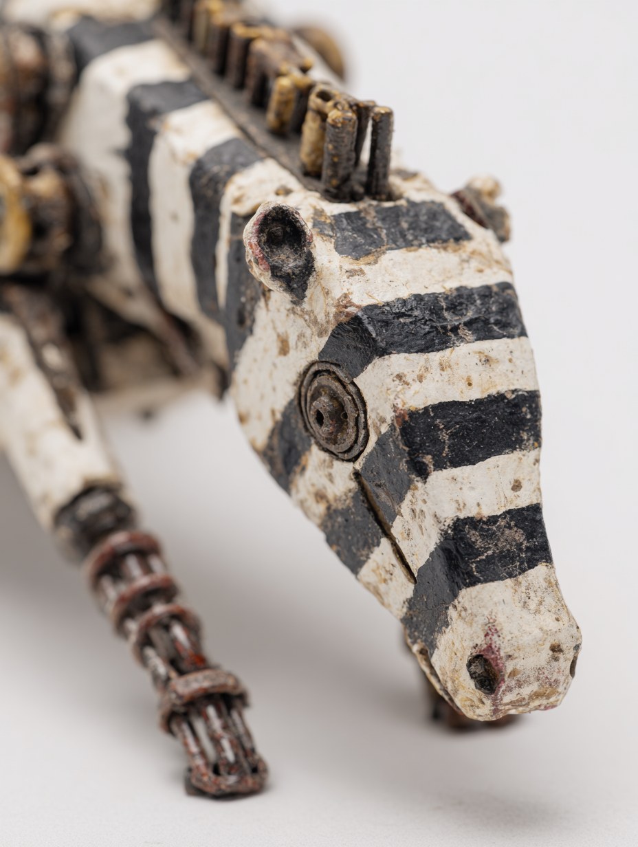 a wooden robot zebra with four legs, covered in black and white stripes…