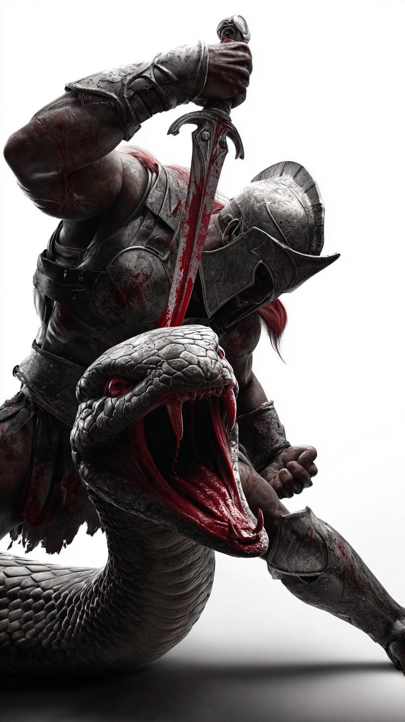 Full body Spartan warrior in a dynamic combat pose, one hand gripping t…