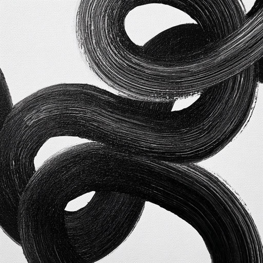 a black and white drawing of intertwined, curved lines, forming an abst…