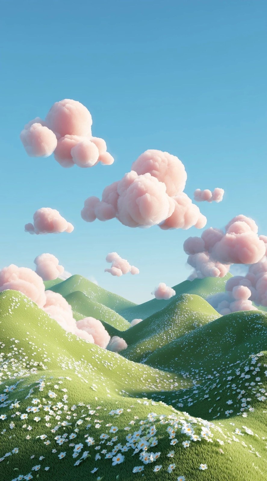 3d rendering of cartoon-style green hills with pink clouds, a light blu…