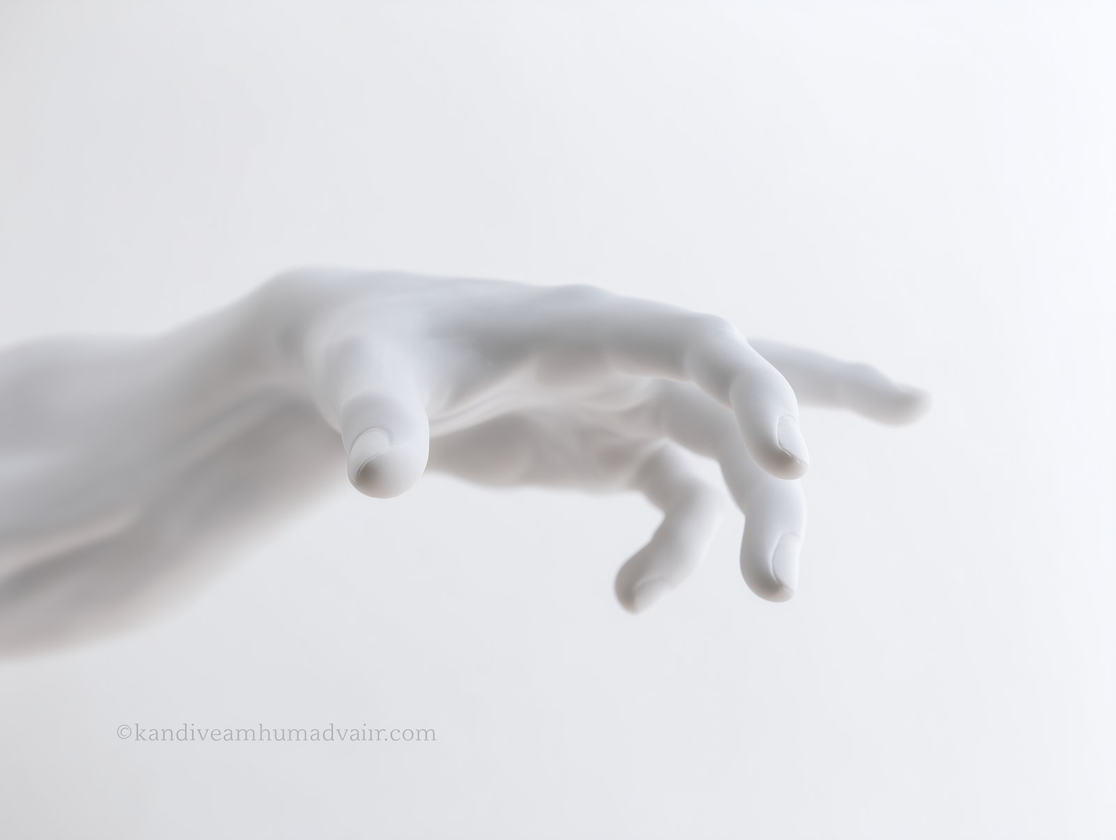 Delicate marble hand, soft close-up, pure white background, a realistic…