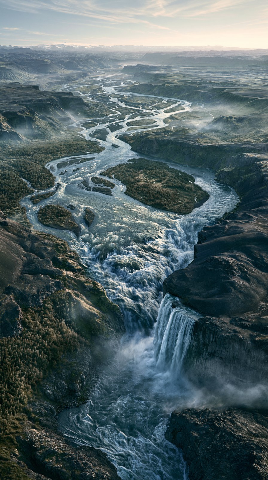 ultra-realistic wide-angle aerial nature documentary photograph, vast m…