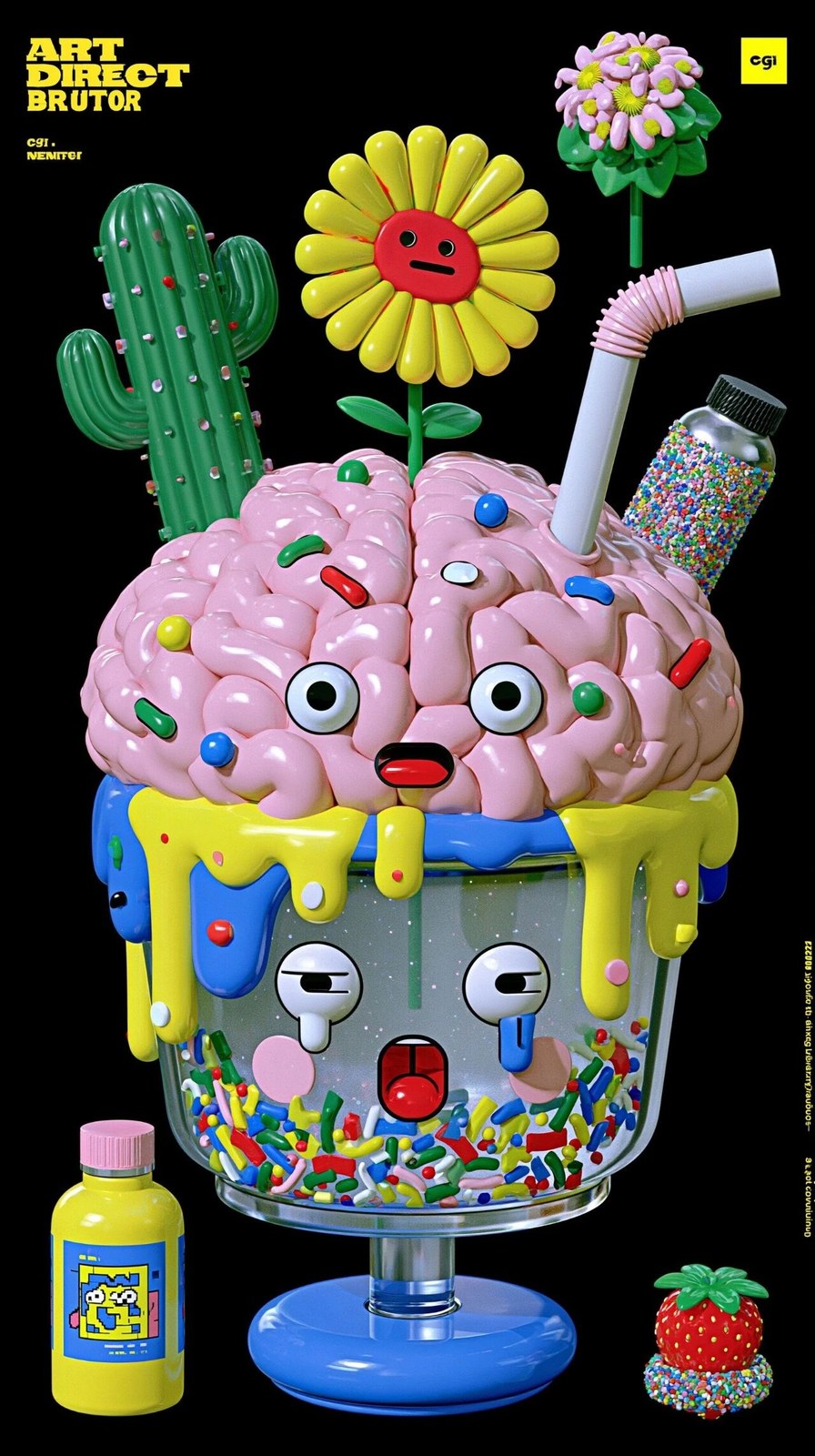 create a visual consist of a glass of brain juice and some other random…