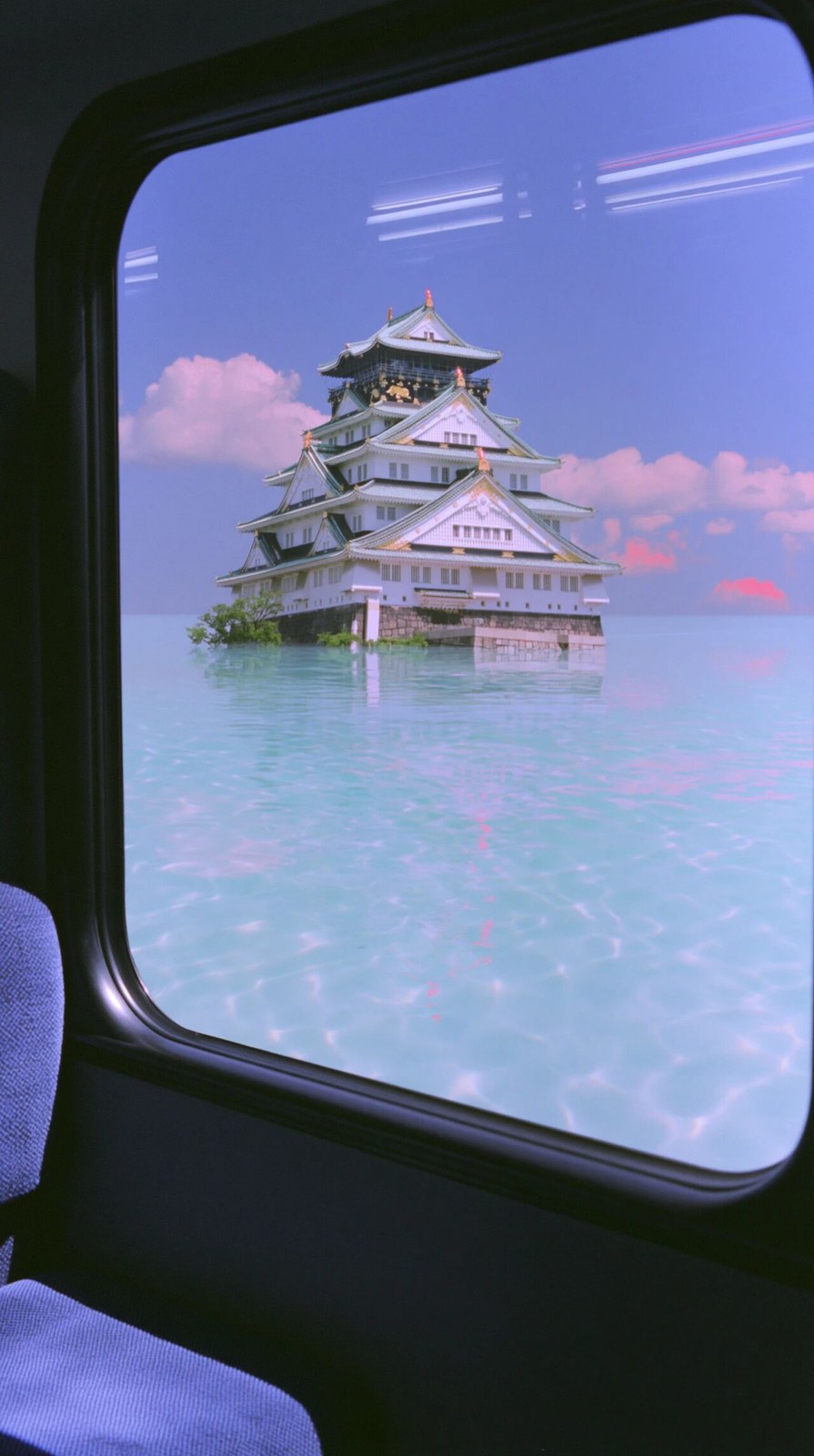 photorealistic dreamcore liminal space, viewed from inside an empty Jap…