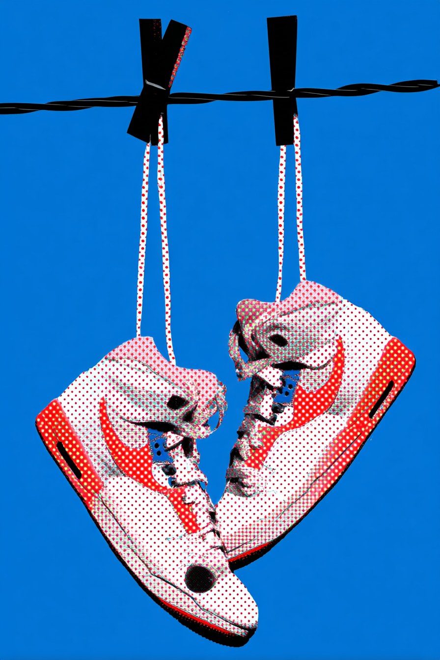 blue background, two pair of Jordan sneakers lace tied together and han…