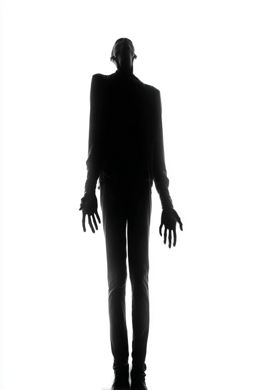 minimalistic shadowy silhouettte standing upwards. No features, as if i…