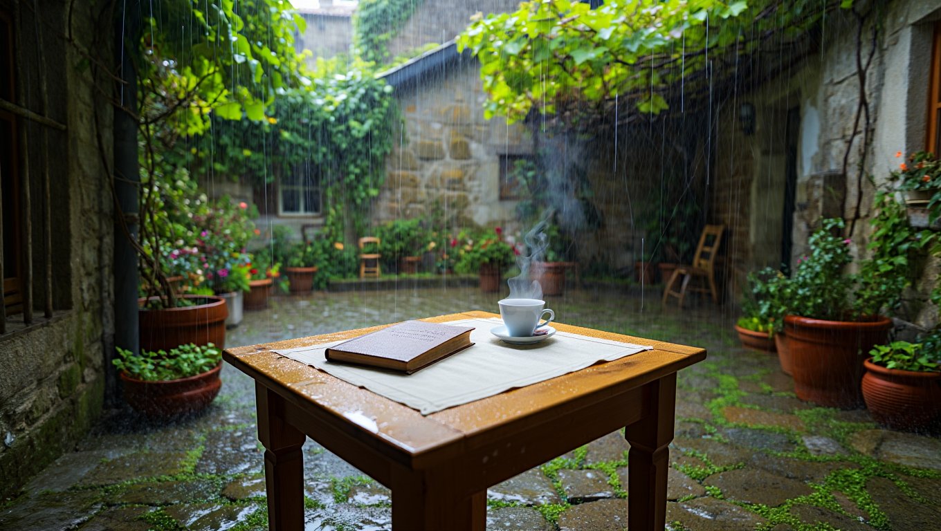 A small courtyard garden bathed in soft rain, with a table set for one … 3