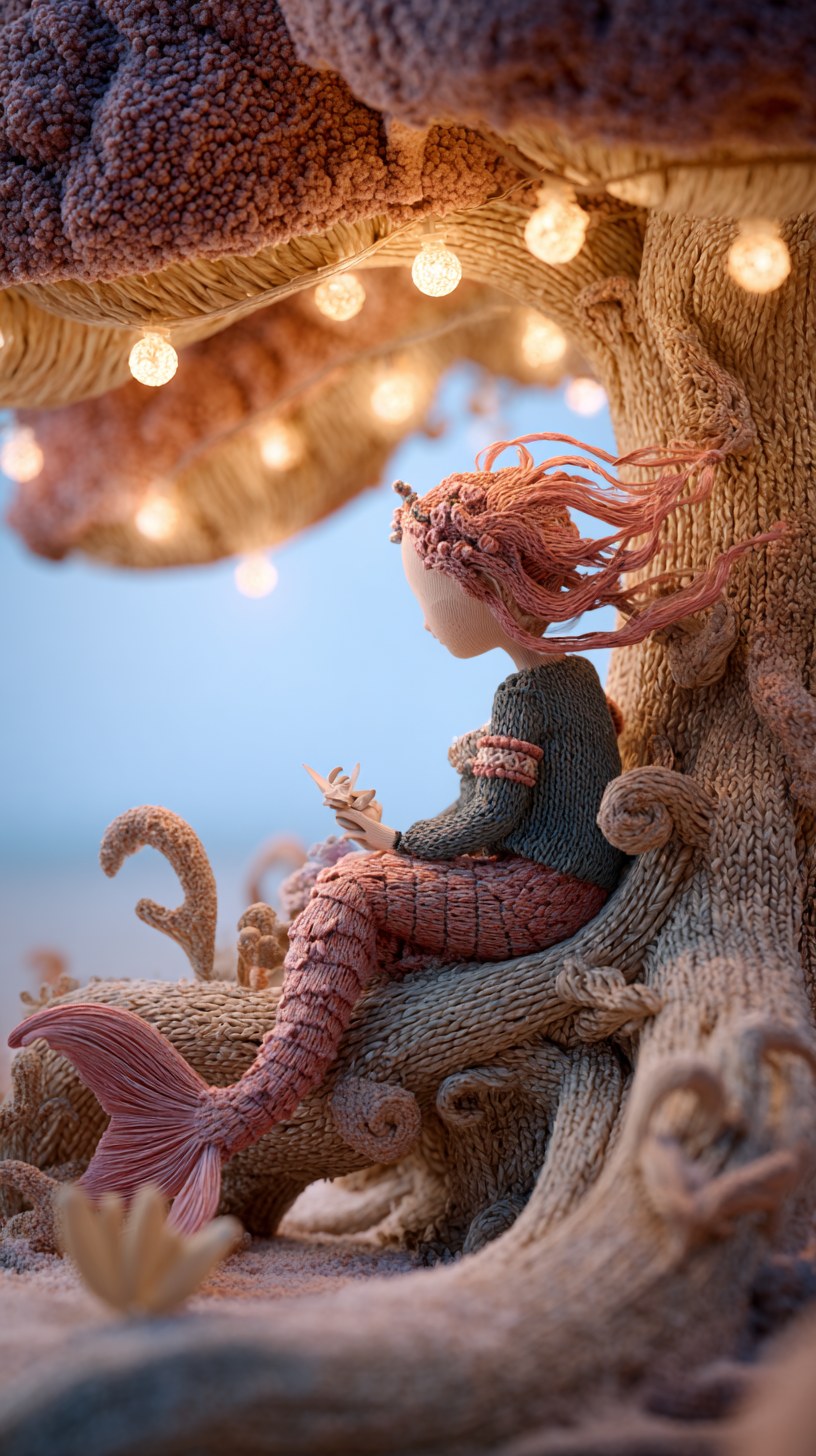 a mermaid sitting in a whimsical tree, all elements are knitted from so…