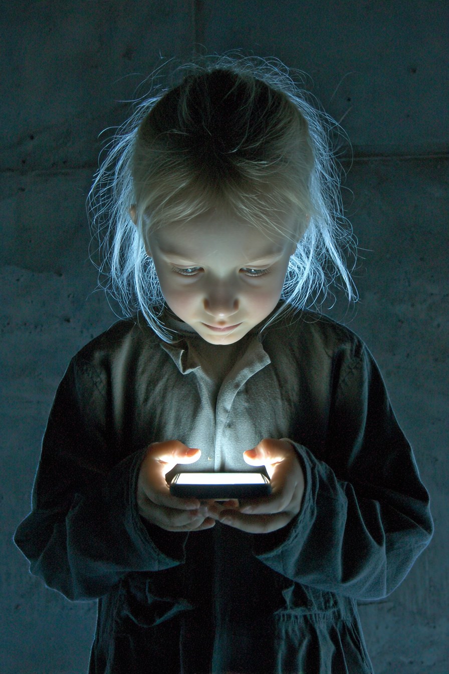 As can be seen, the young girl is looking at her phone, which lights up…