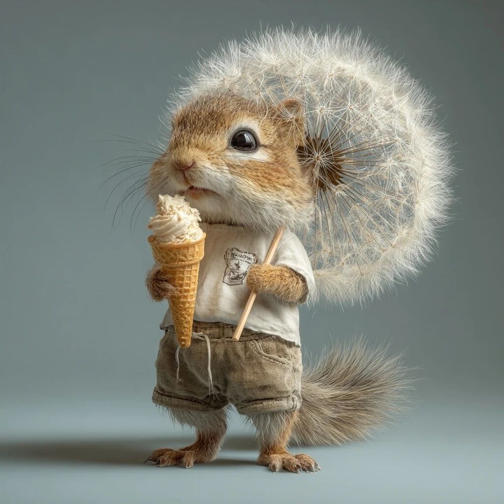 Create an ultra-realistic image of a baby squirrel holding a huge puffy…