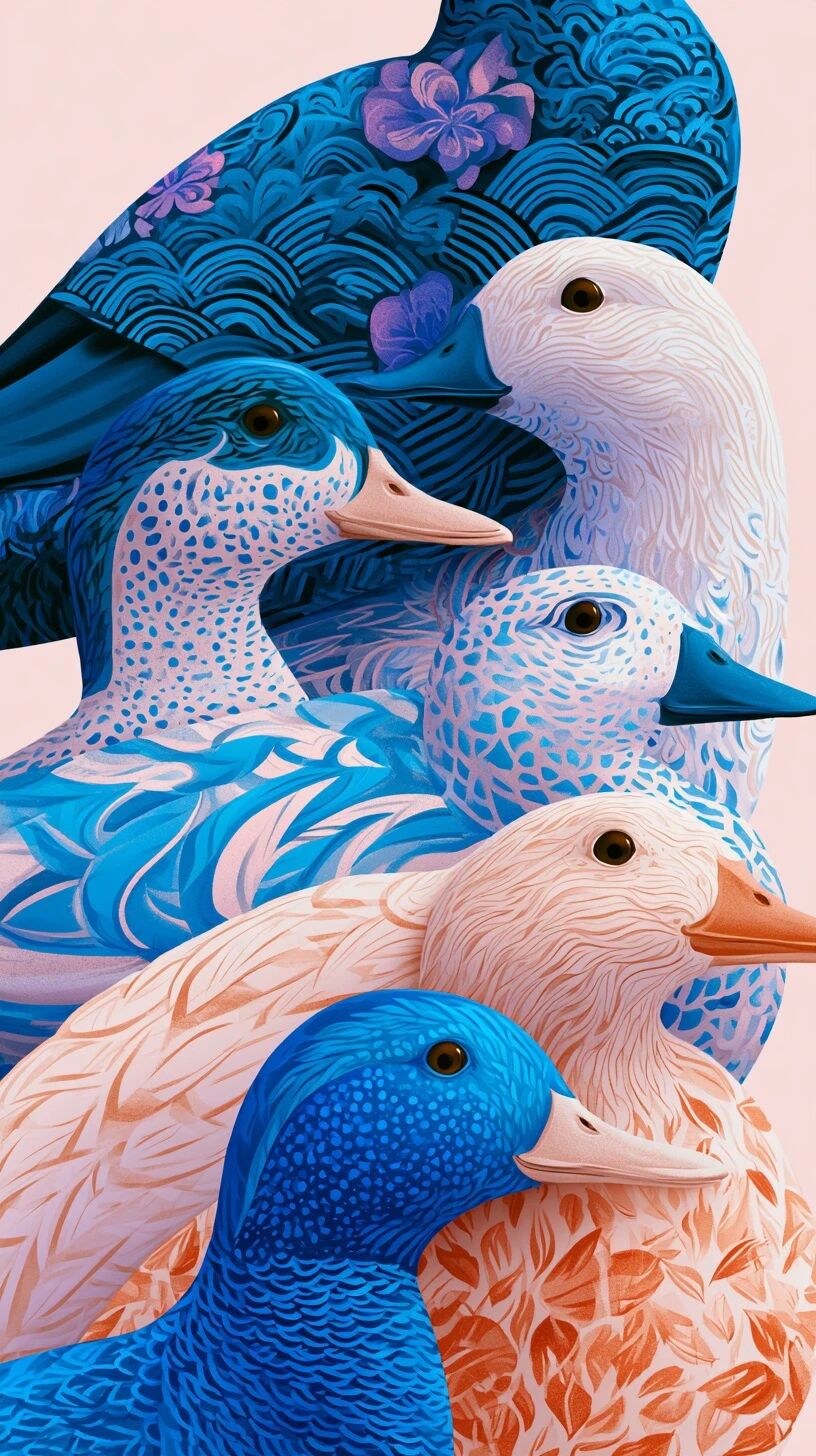 a close up illustration of six ducks in various colors and patterns. th…