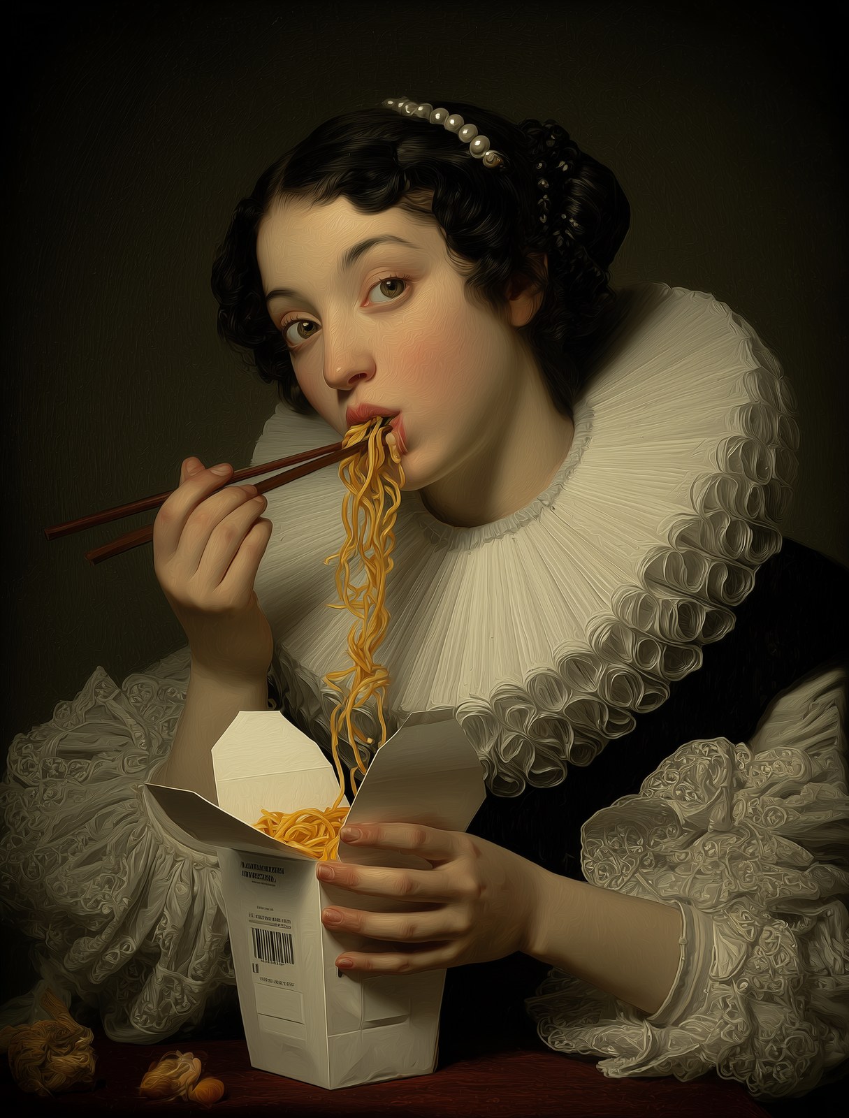 A woman with black hair and gray eyes wearing an elaborate white ruff c…