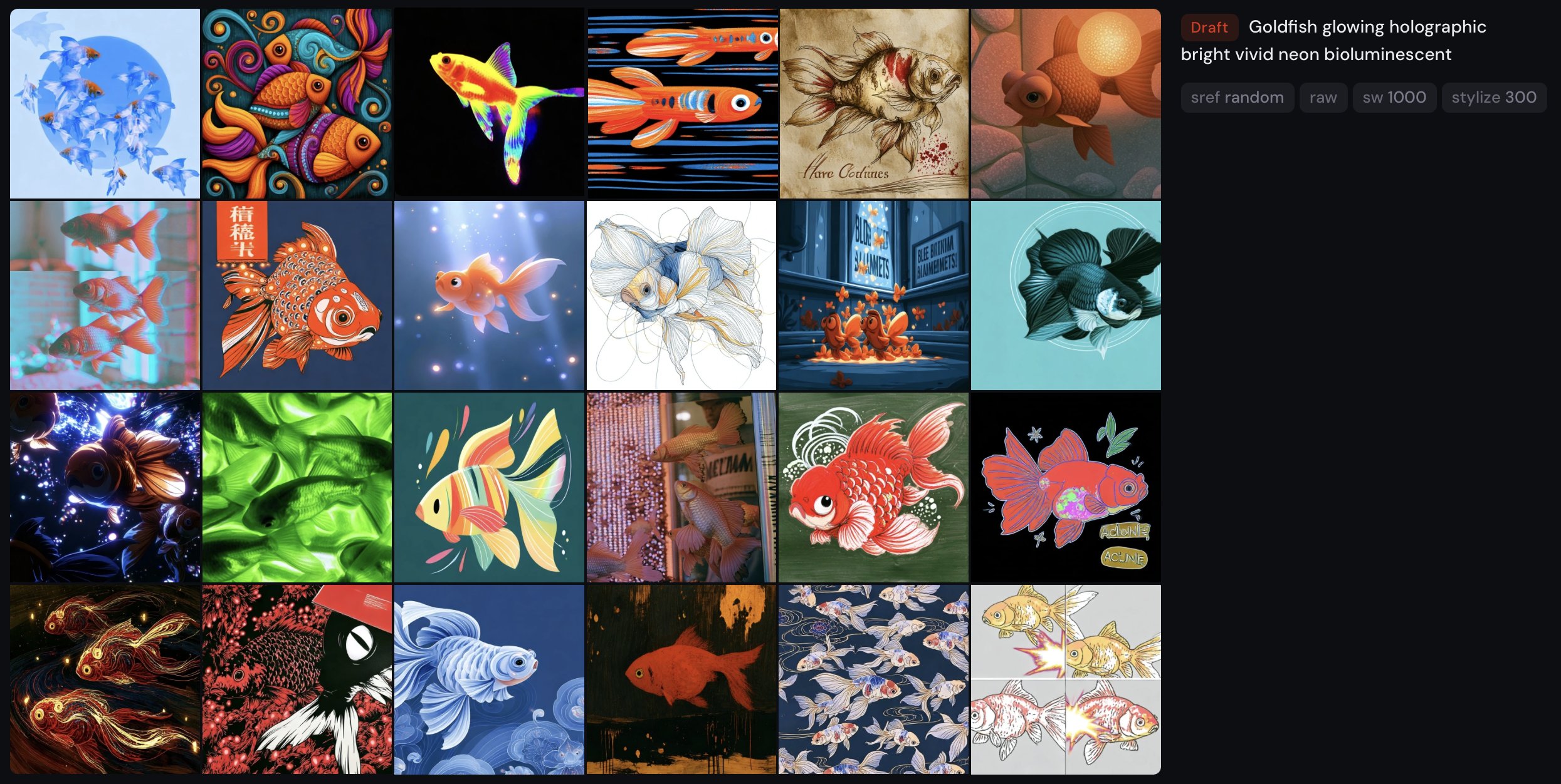 3. See my prompt example below Goldfish glowing holographic bright vivi…