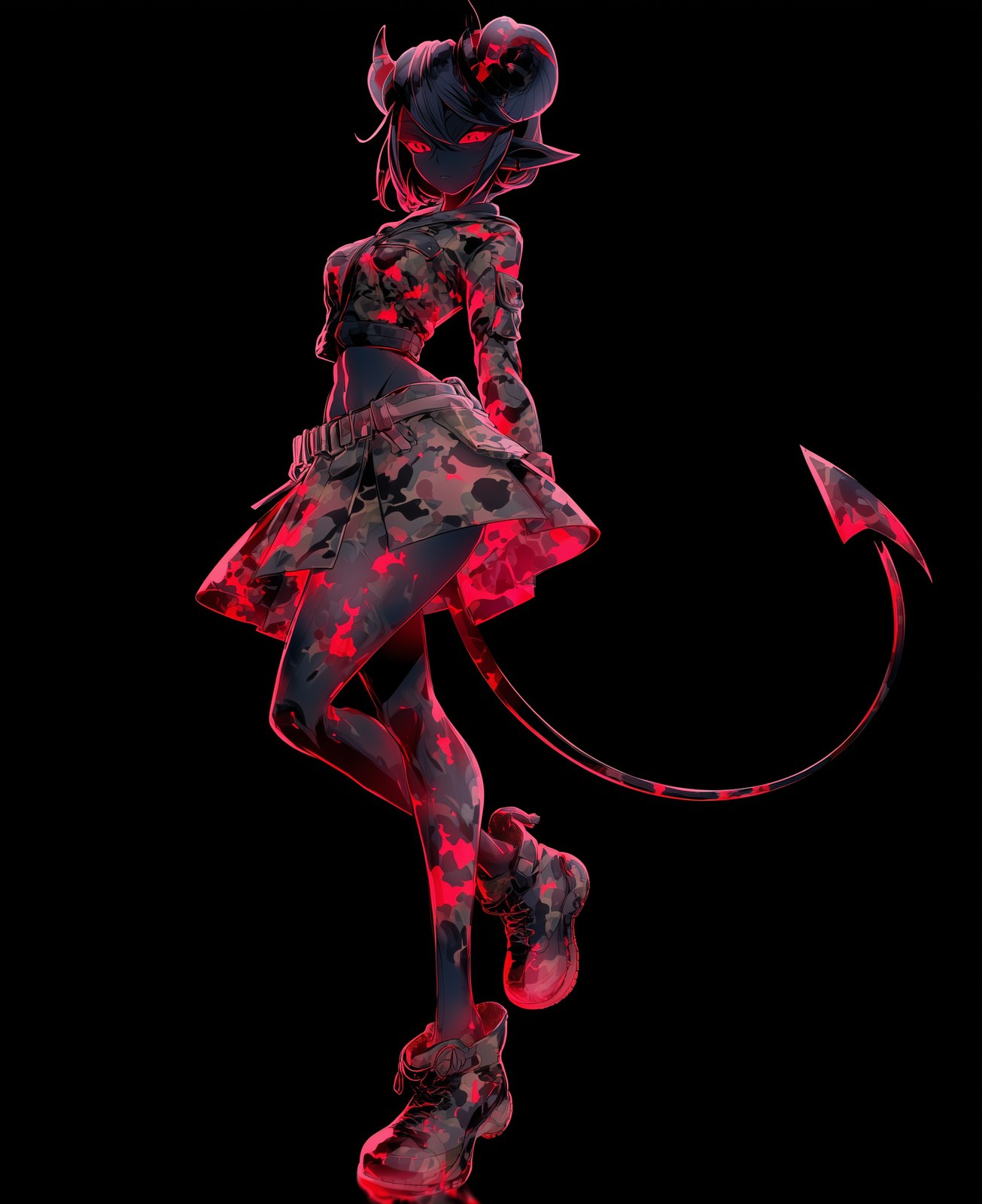 an anthropomorphic demon with black and red skin, wearing a short skirt…
