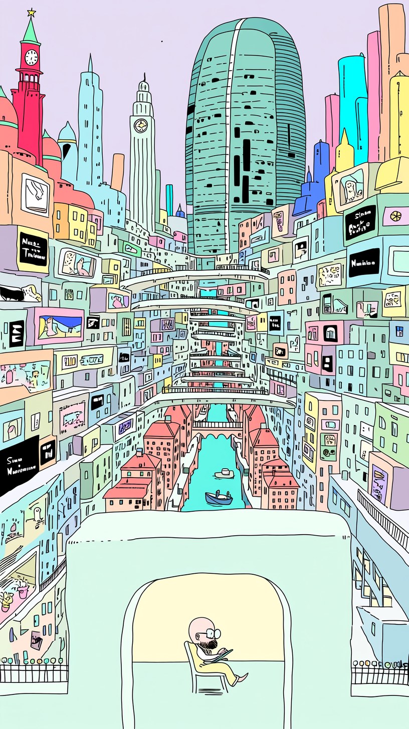 Vertical 9:16 illustration. Create a dense retro-futuristic megacity po…