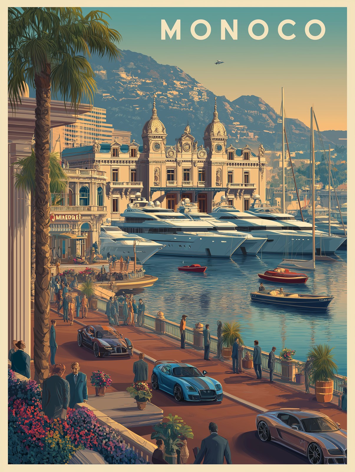 Elegant modern day Monaco travel poster showcasing Monte Carlo Casino d…