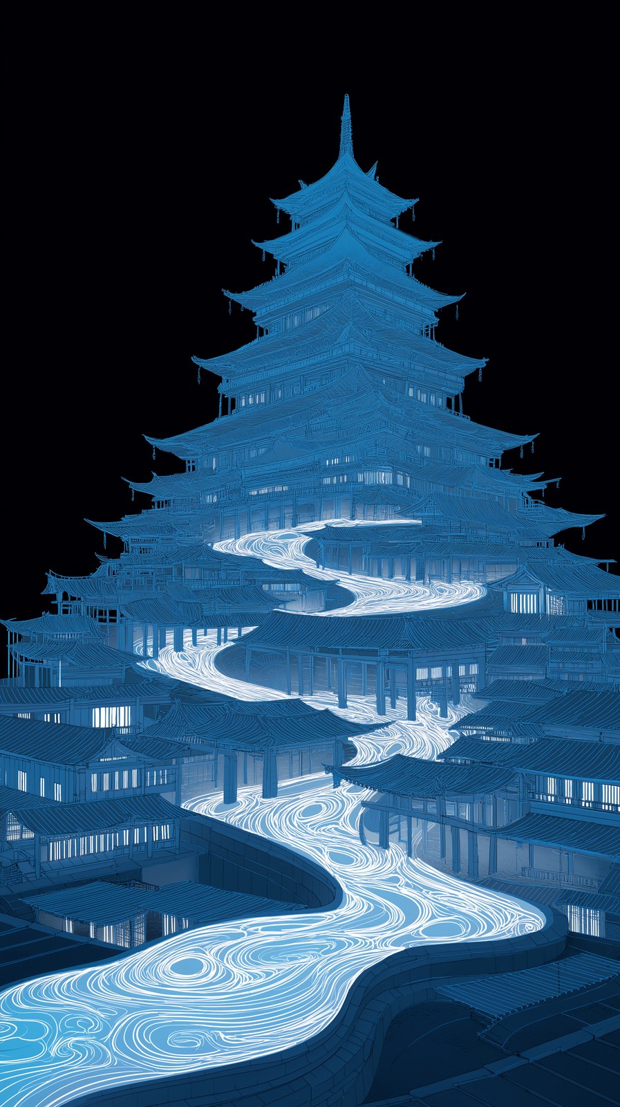 Concept art for architectural projection mapping on an ancient pagoda. …