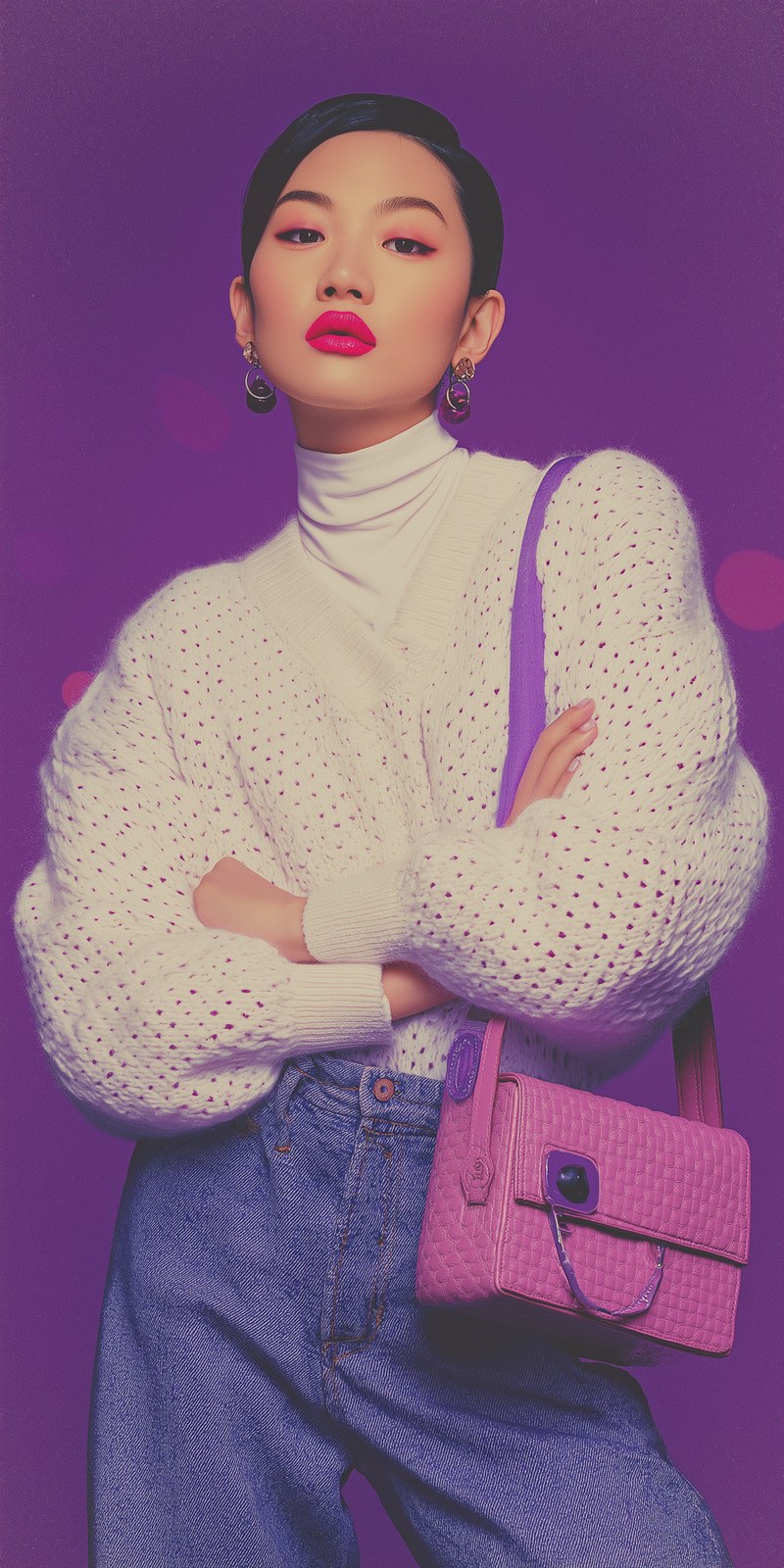 vogue magazine cover of an asian woman wearing a white cardigan sweater…