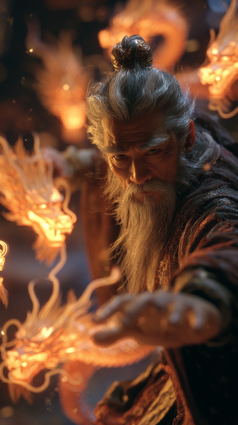 epic close-up shot of Taiyi Zhenren, a majestic taoist patriarch, comma…