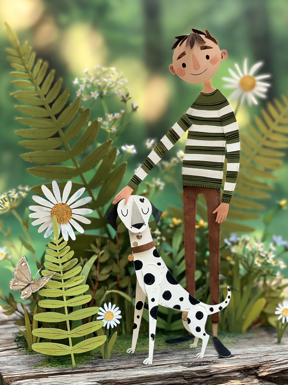 Paper-cut art diorama of a smiling man in a striped sweater and a spott…