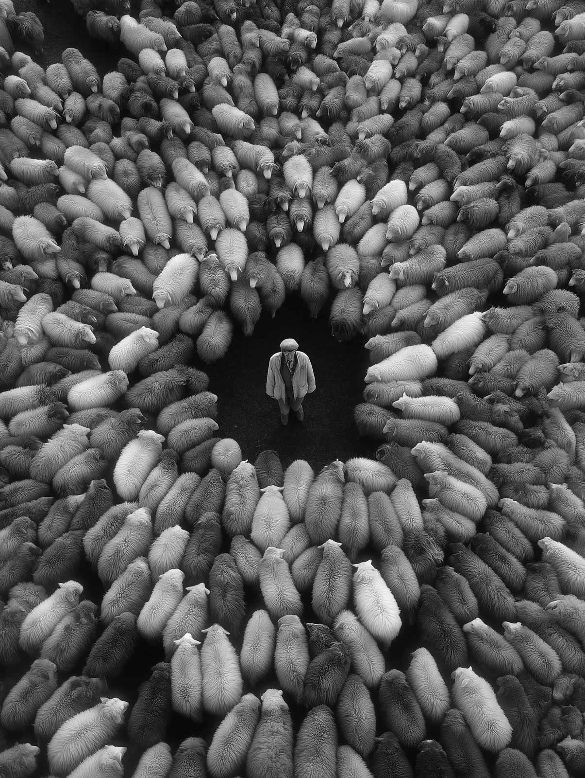 in the center of an endless circle, a black-and-white photograph-style …