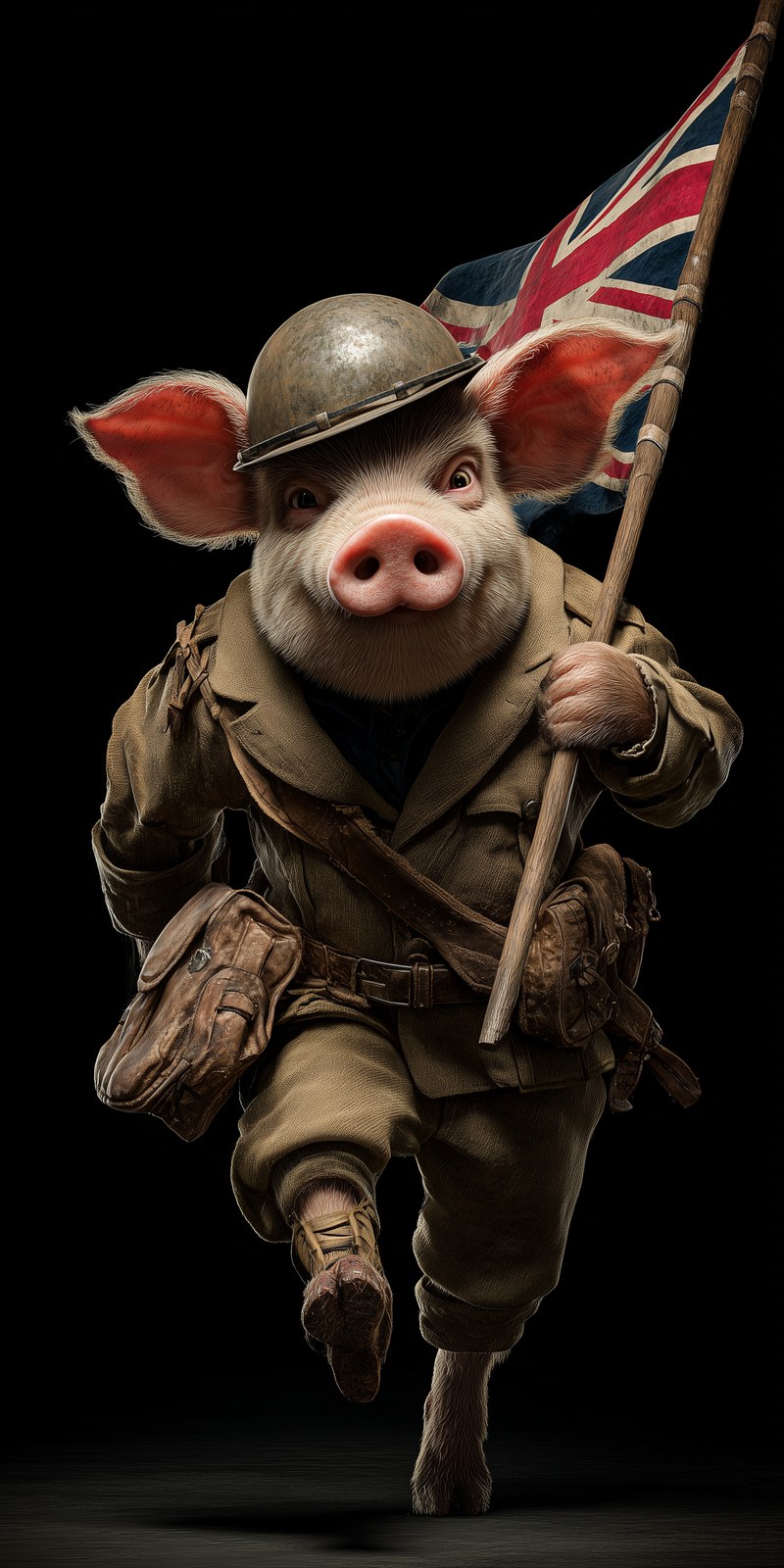 anthropomorphised pig soldier, holding a flag, wearing a British world …