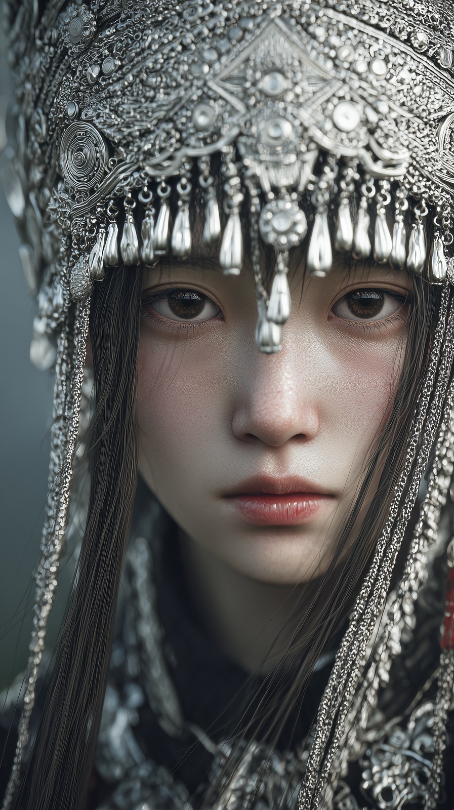 a modern Miao ethnic girl with big eyes and long hair, wearing traditio…