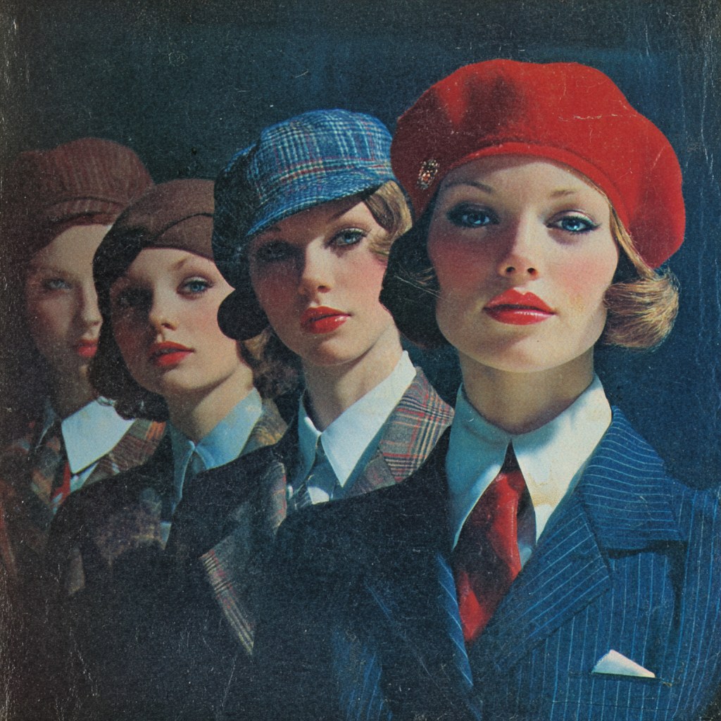 a vintage fashion advertisement from the 1970s showcasing women in retr…