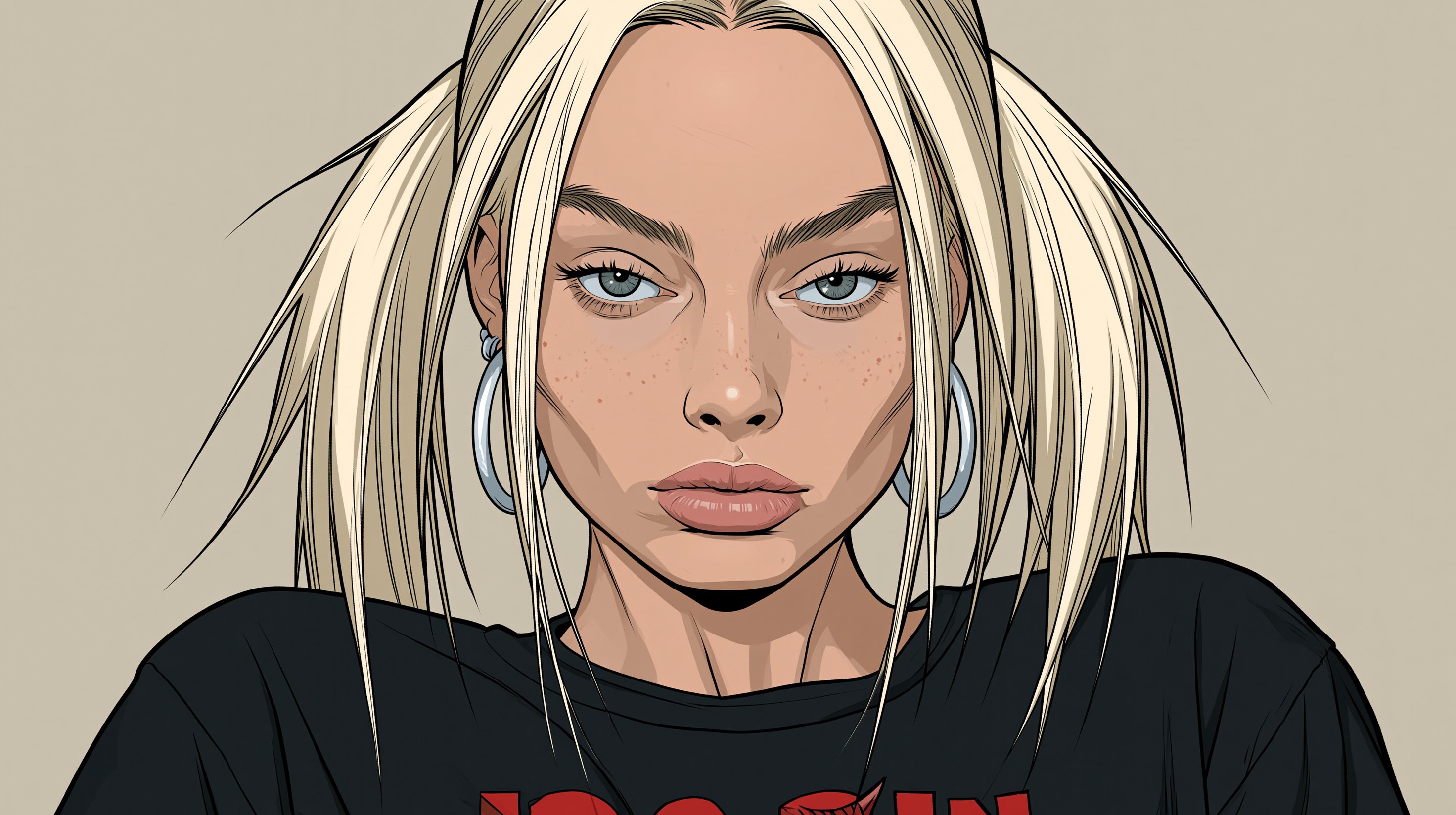 cartoonish portrait of a pulp comic [character]. plain beige background…