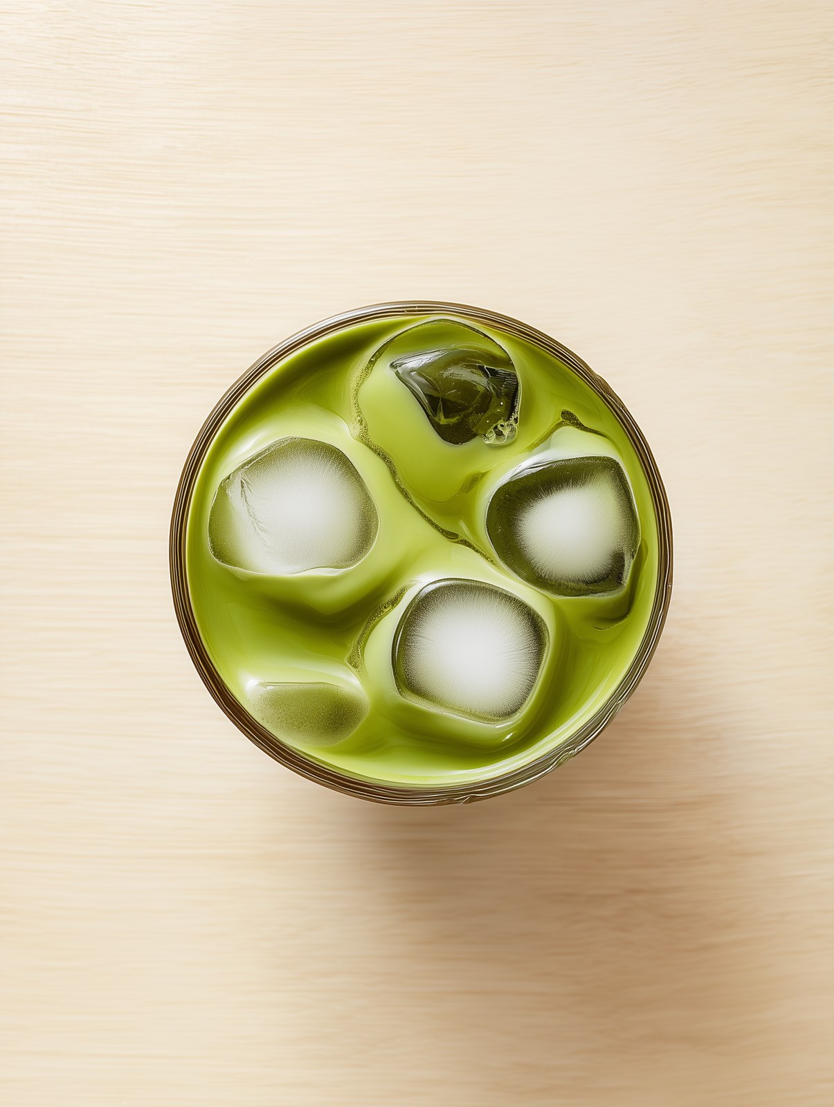 High-end product photograph of an iced matcha latte captured from a per…