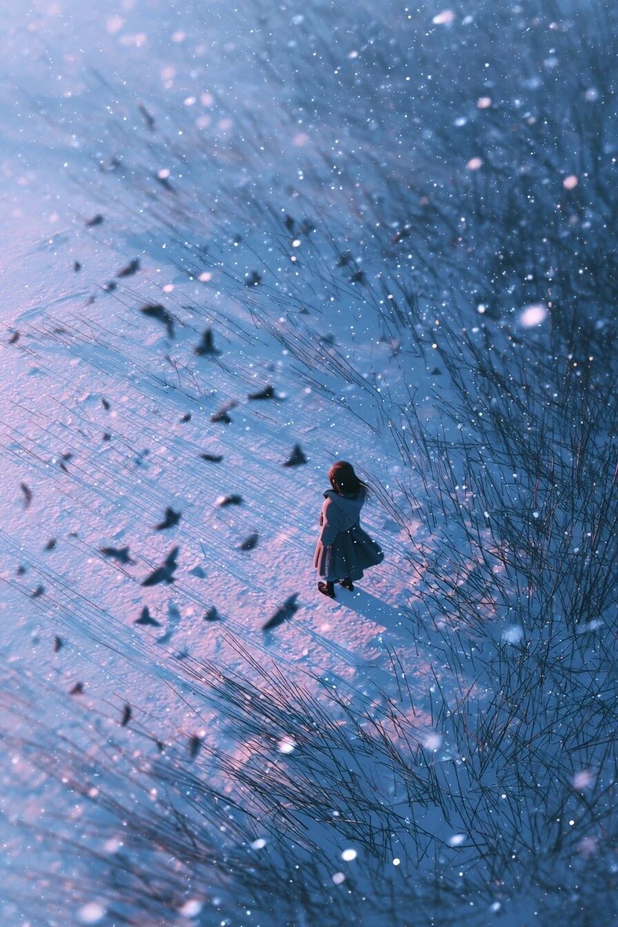 japanese style drawing of a girl, in the middle of snowed field, snowfl…
