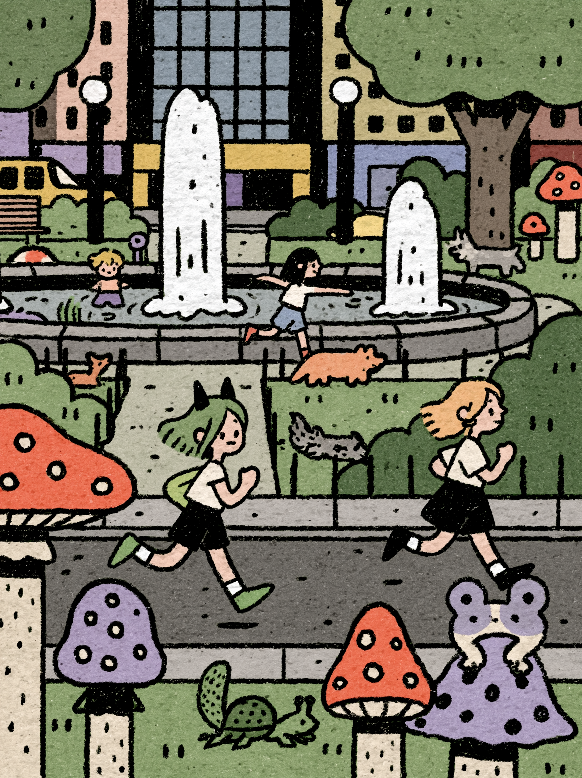 Two woman running on the street near the park. Lots of giant funky look…