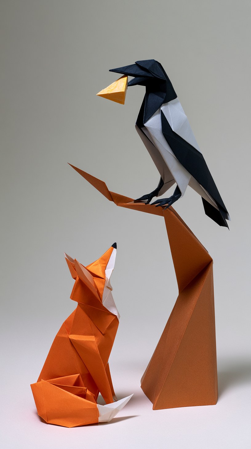 An origami scene of the fox and the crow fable, a crow folded from blac…