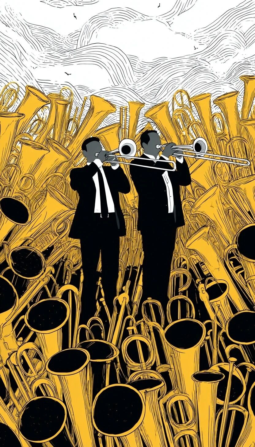 simple silk screen illustration style of two men playing trombone in a …