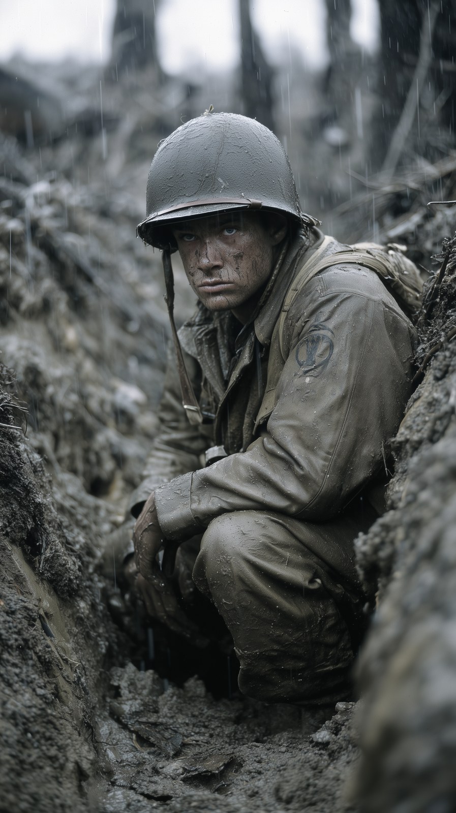 A weary World War II American infantryman crouches deep inside a muddy …