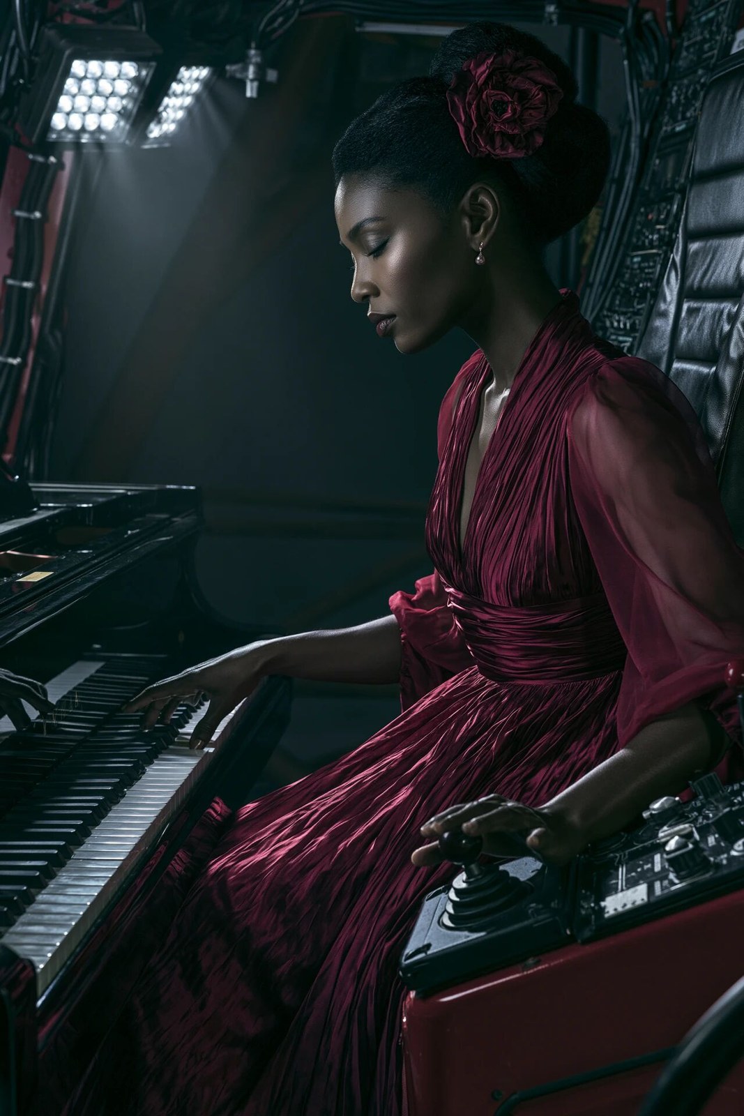 a mesmerizing 39-year-old woman with deep mahogany skin and an elegant …